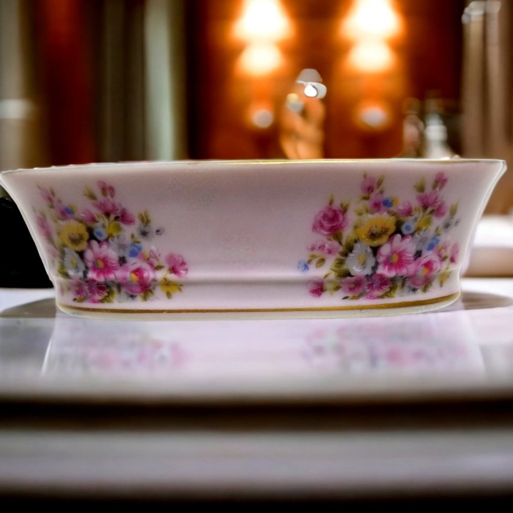 Lefton Hand Painted Ceramic Soap Dish Pink Flowers China Trinket Dish